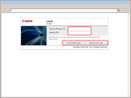 system manager id and password canon ir 1023