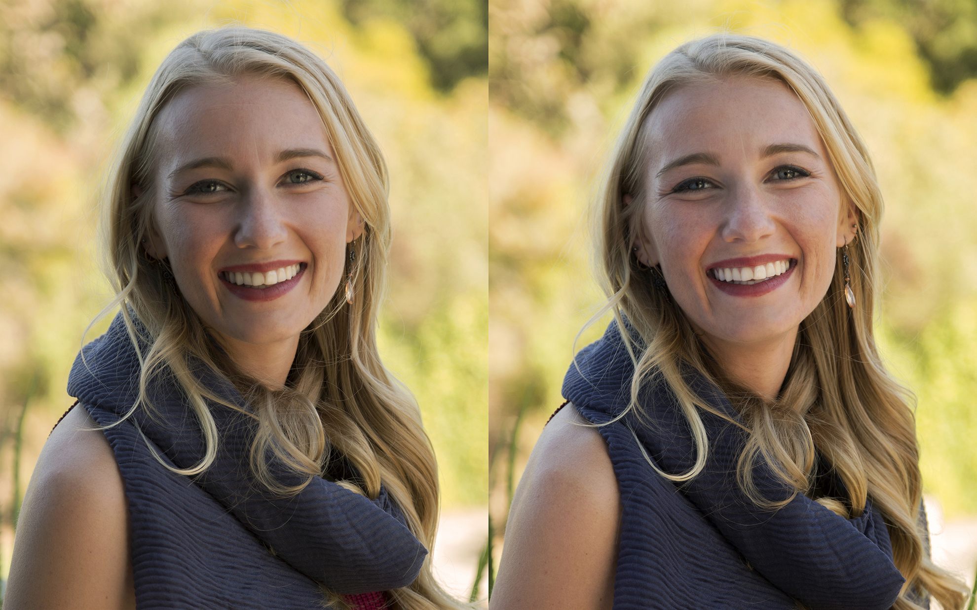 Two portraits of a woman, one with a white reflector, and no reflector for the other