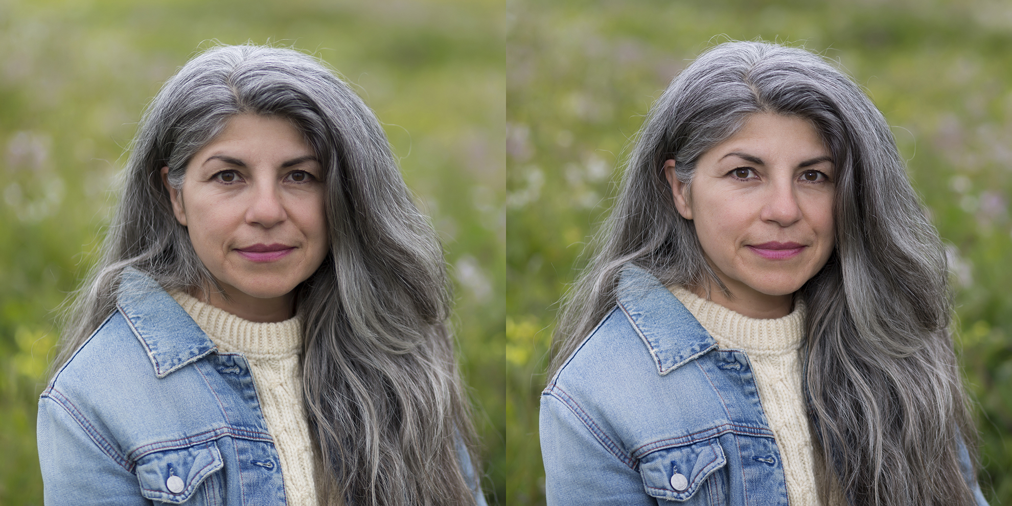 Two portraits of a woman, photo on the right using Speedlite