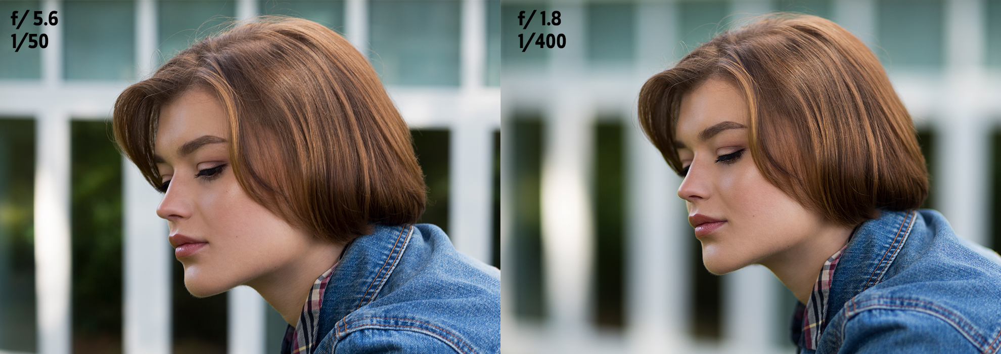 Side-by-side photo of a woman using two different lenses