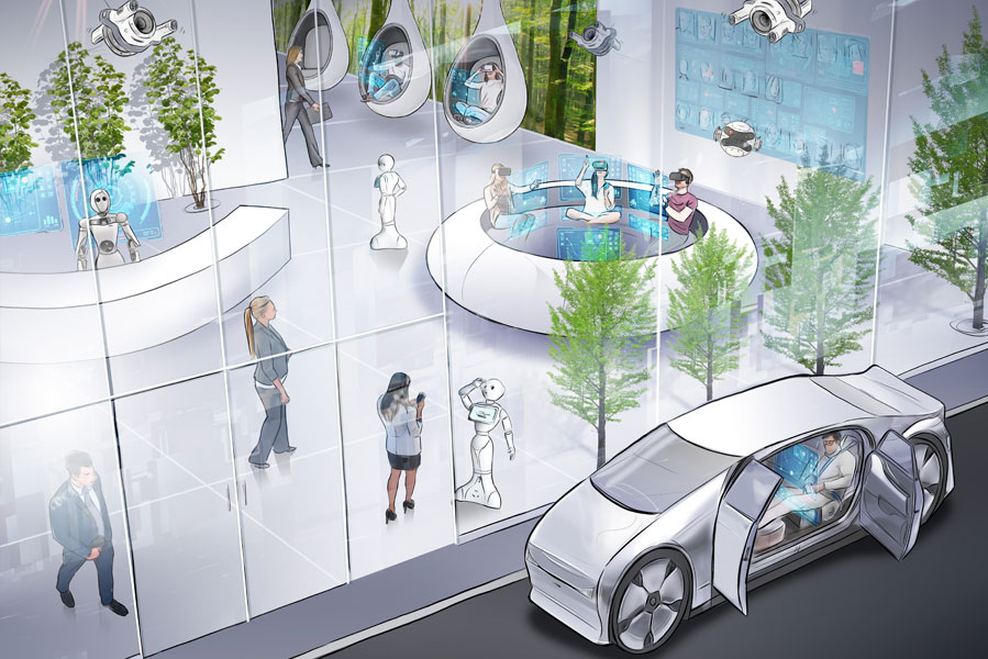 Image of an animated futuristic car parked outside of a glass futuristic office space