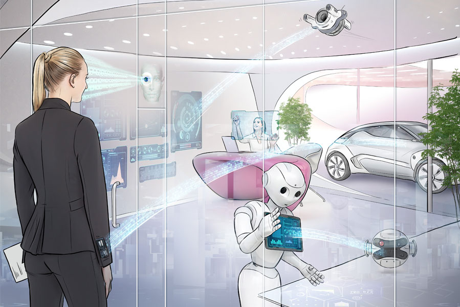 Image of a animated woman standing next to a robot holding a smart device, in a futuristic office space