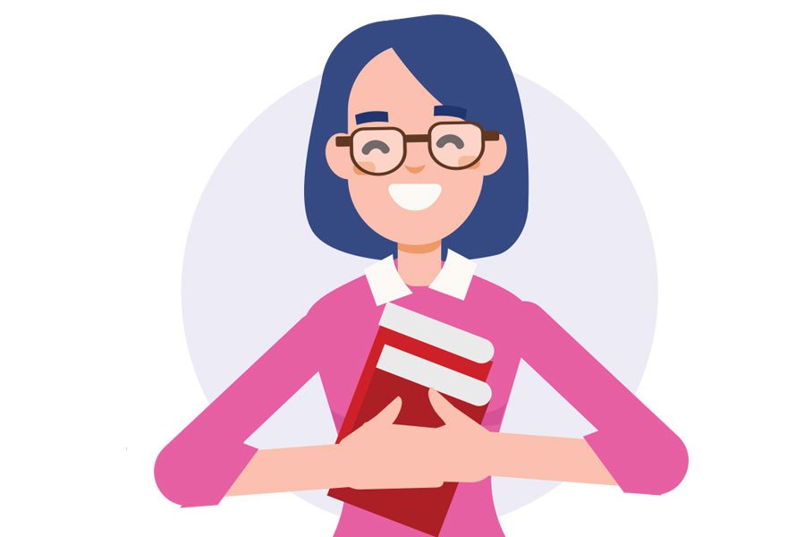 Image of a cartoon woman wearing glasses and standing while hugging a stack of 2 books