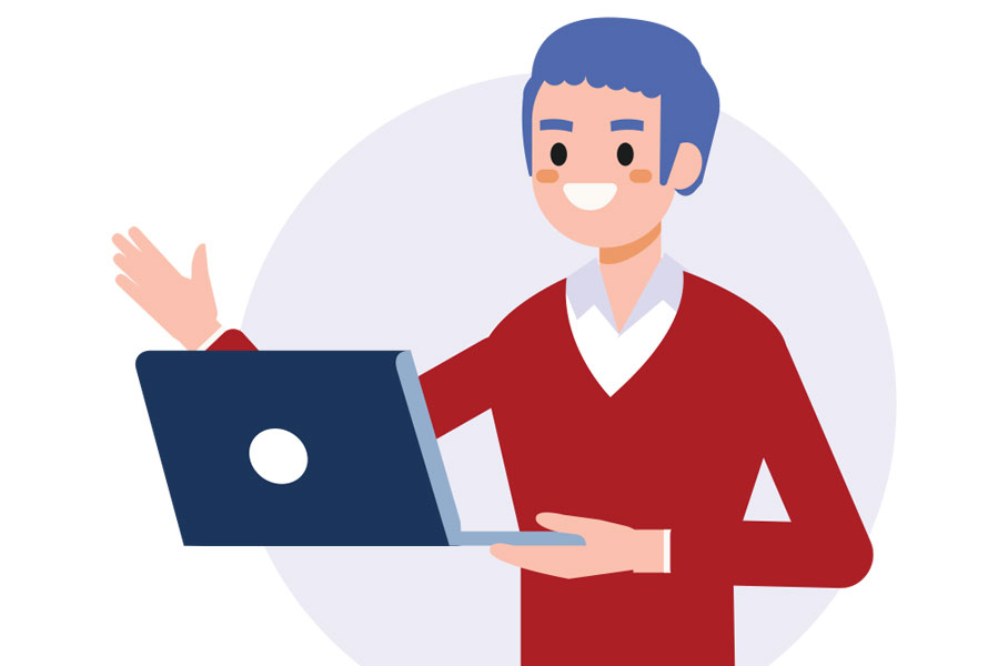 Image of a cartoon man standing while holding a laptop and gesturing towards the laptop
