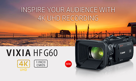 A product shot of the VIXIA HF G60 detailing the product features