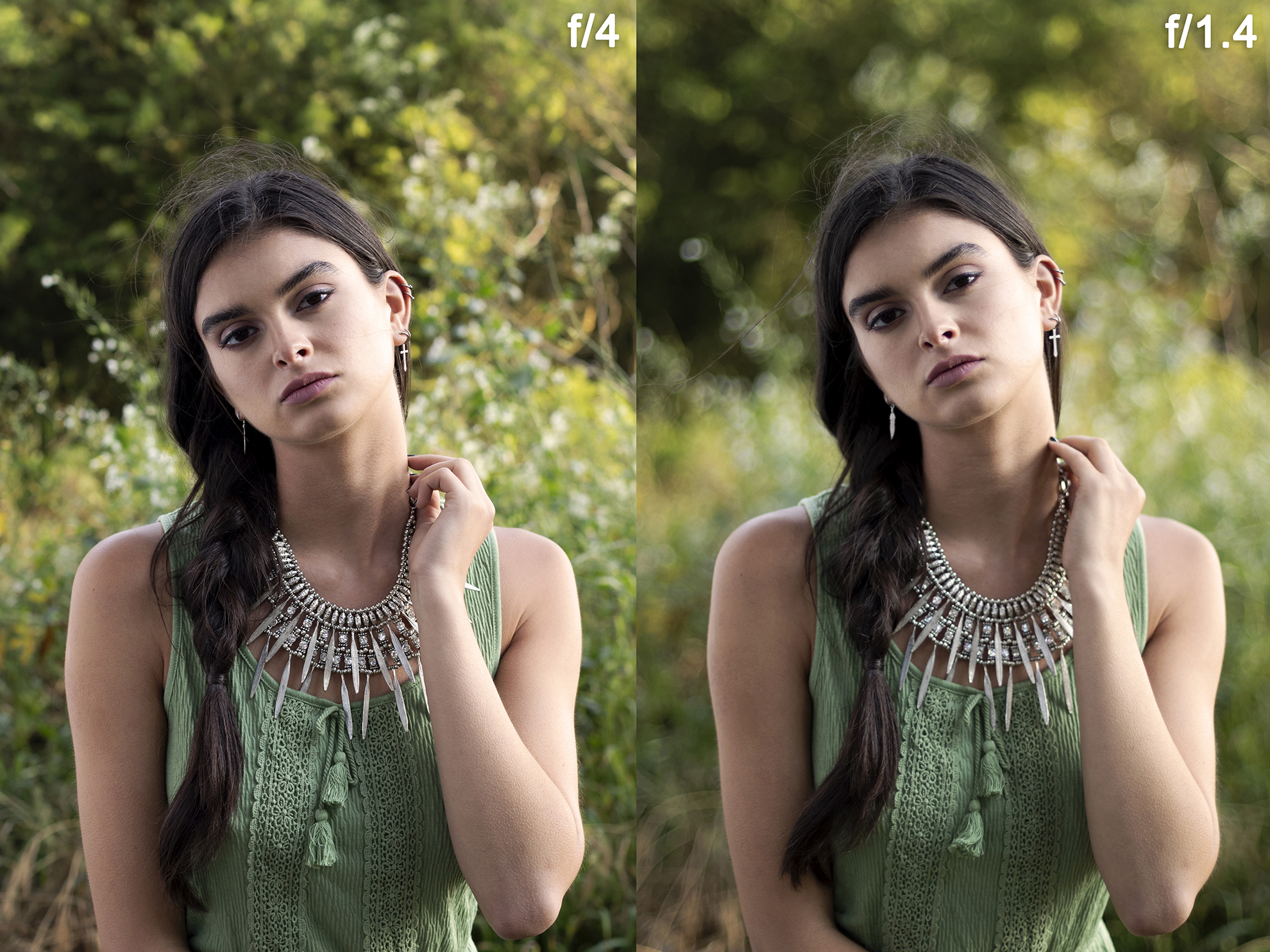 Side-by-side comparison of the same woman photographed in a front of green bushes and trees - her hand is posed touching her neck with her loose braid swept to the side - f/4 clear background vs f/1.4 blurred background