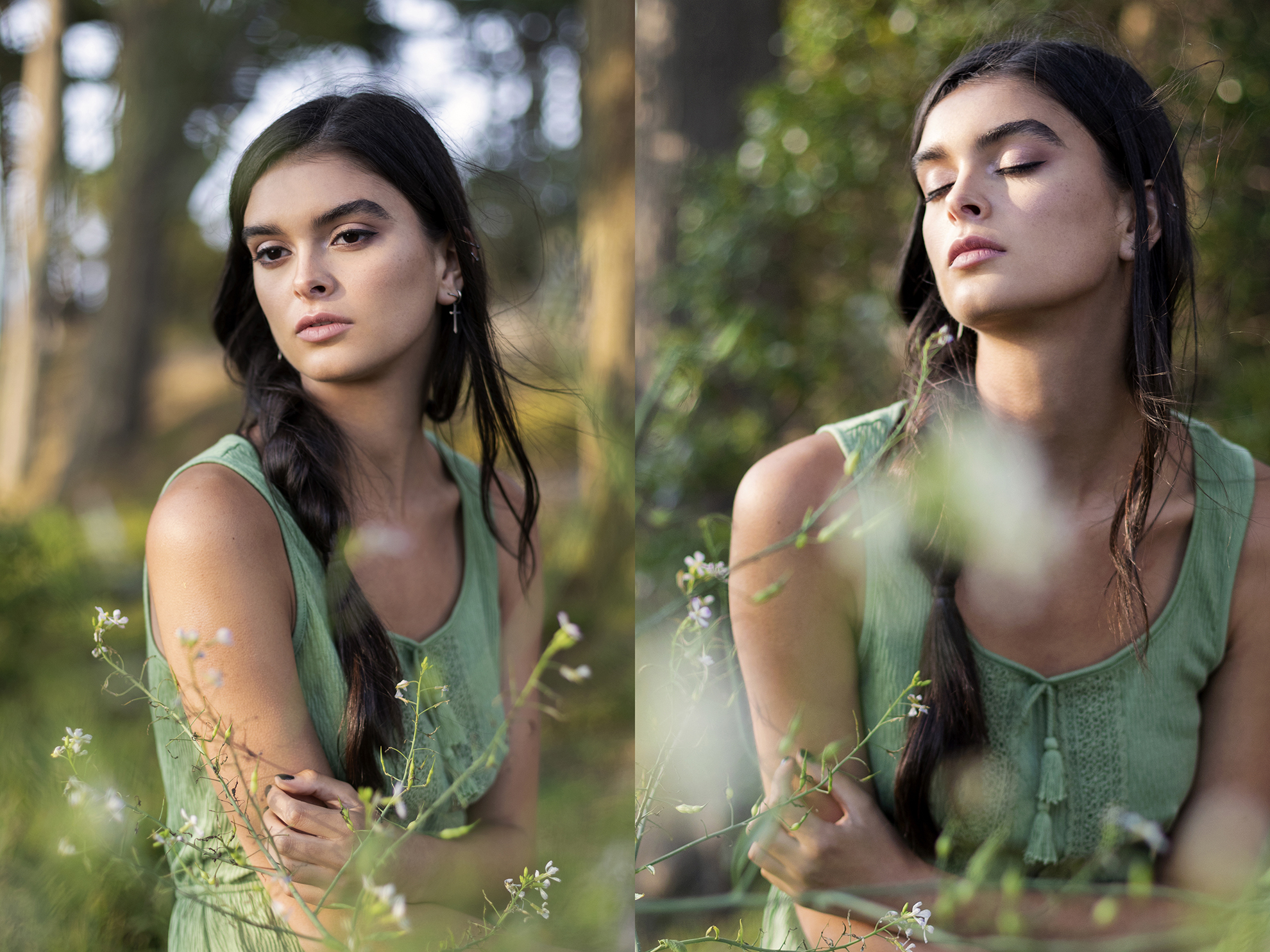 Side-by-side example of bohek photographs - the woman has her braid swept to the side in front of one shoulder is holding her arms and looking away from the camera - the flowers are out of focus creating a bokeh look in front and behind the subject