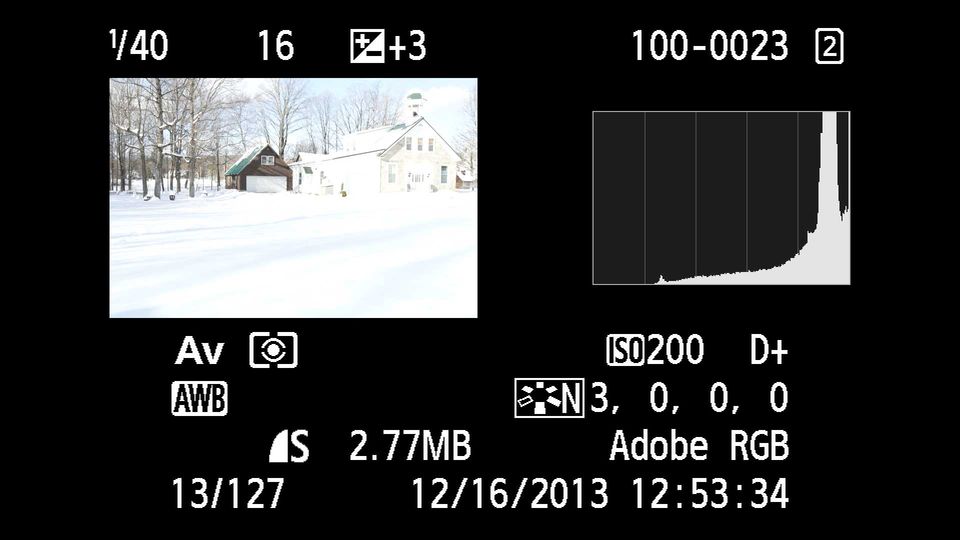 White exposure histogram on camera screen showing overexposure