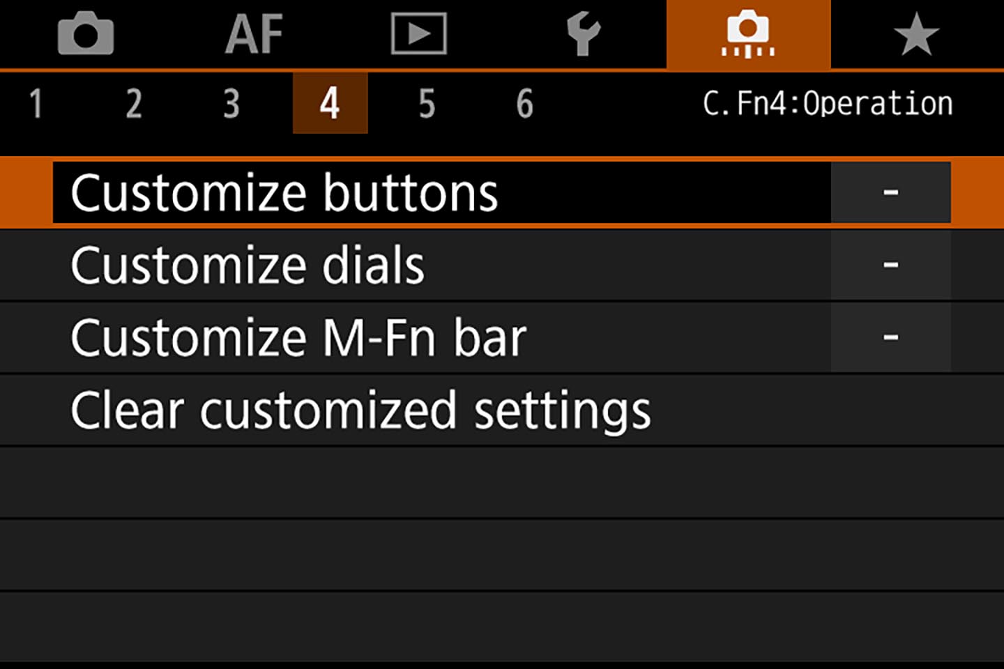 camera setting screen showing the Customize Buttons option