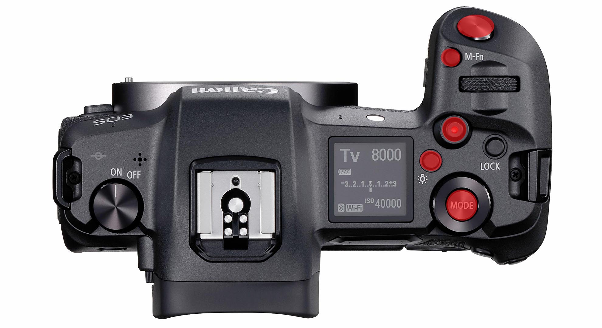 top down photo of the EOS R camera with highlighted buttons
