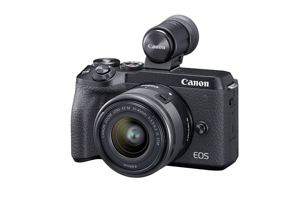 Angled front view of EOS M6 Mark II with EVF