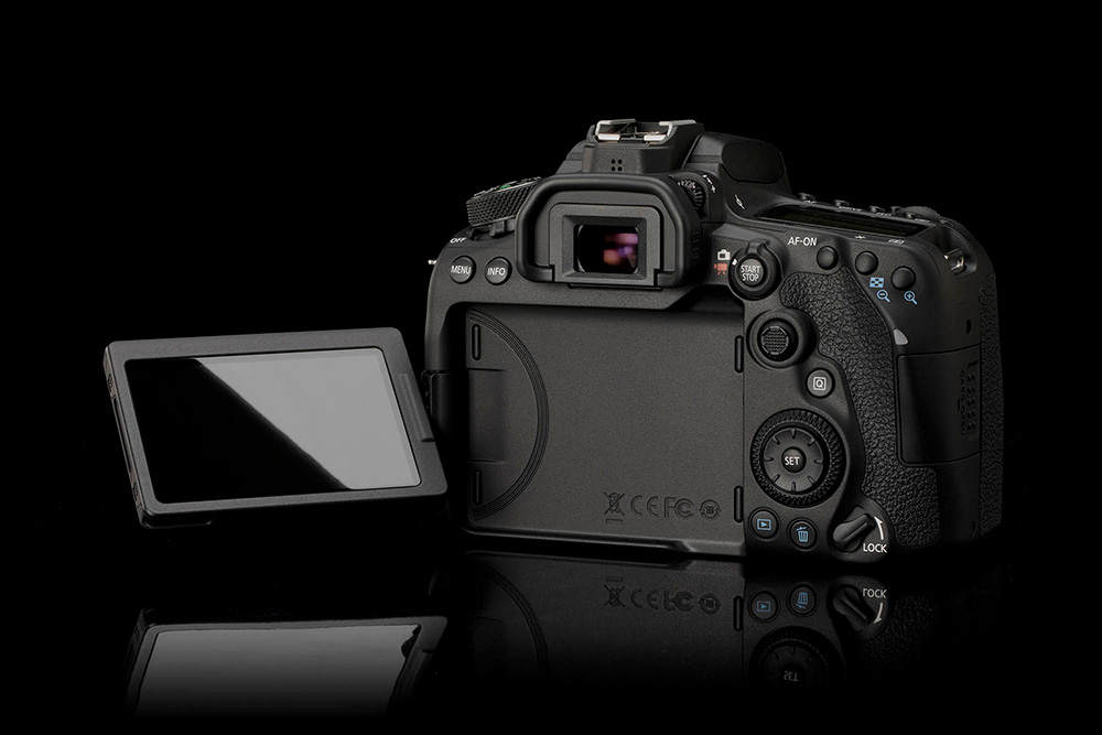 Back angled view of EOS 90D with LCD open