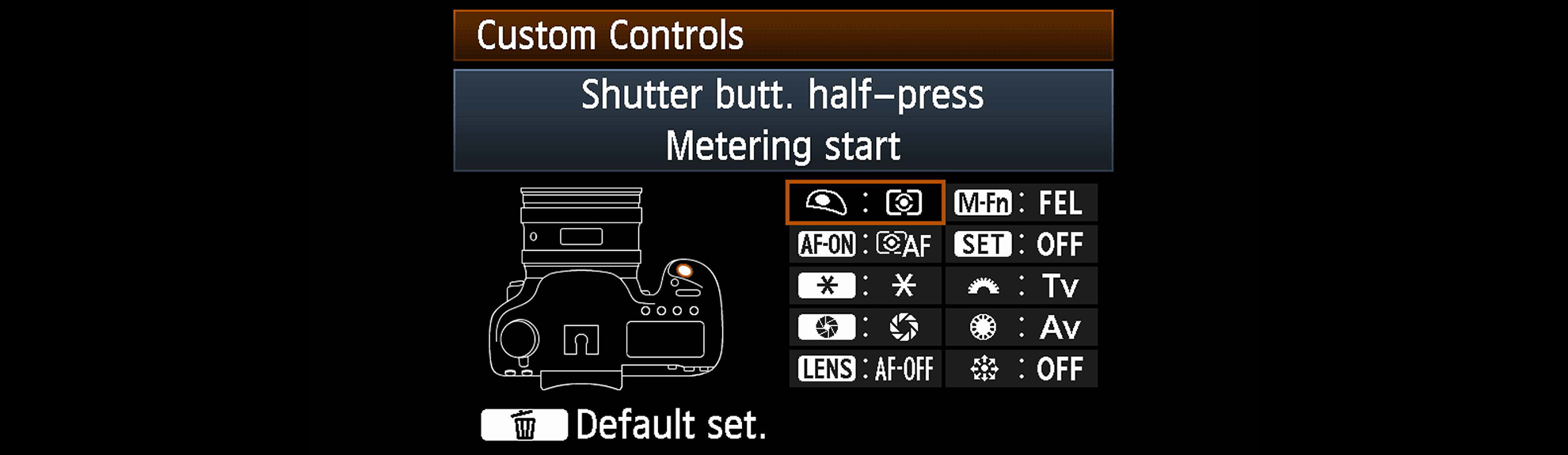 Custom controls panel camera menu