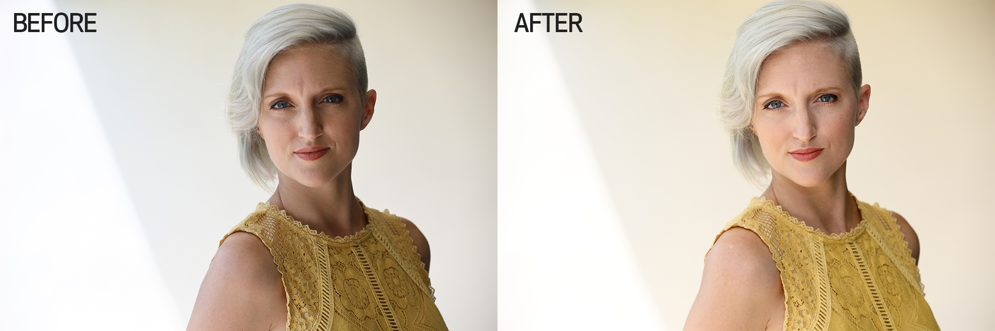 Before and After comparison of blonde model in natural sunlight to the same photo with fill light to make the model's face even brighter