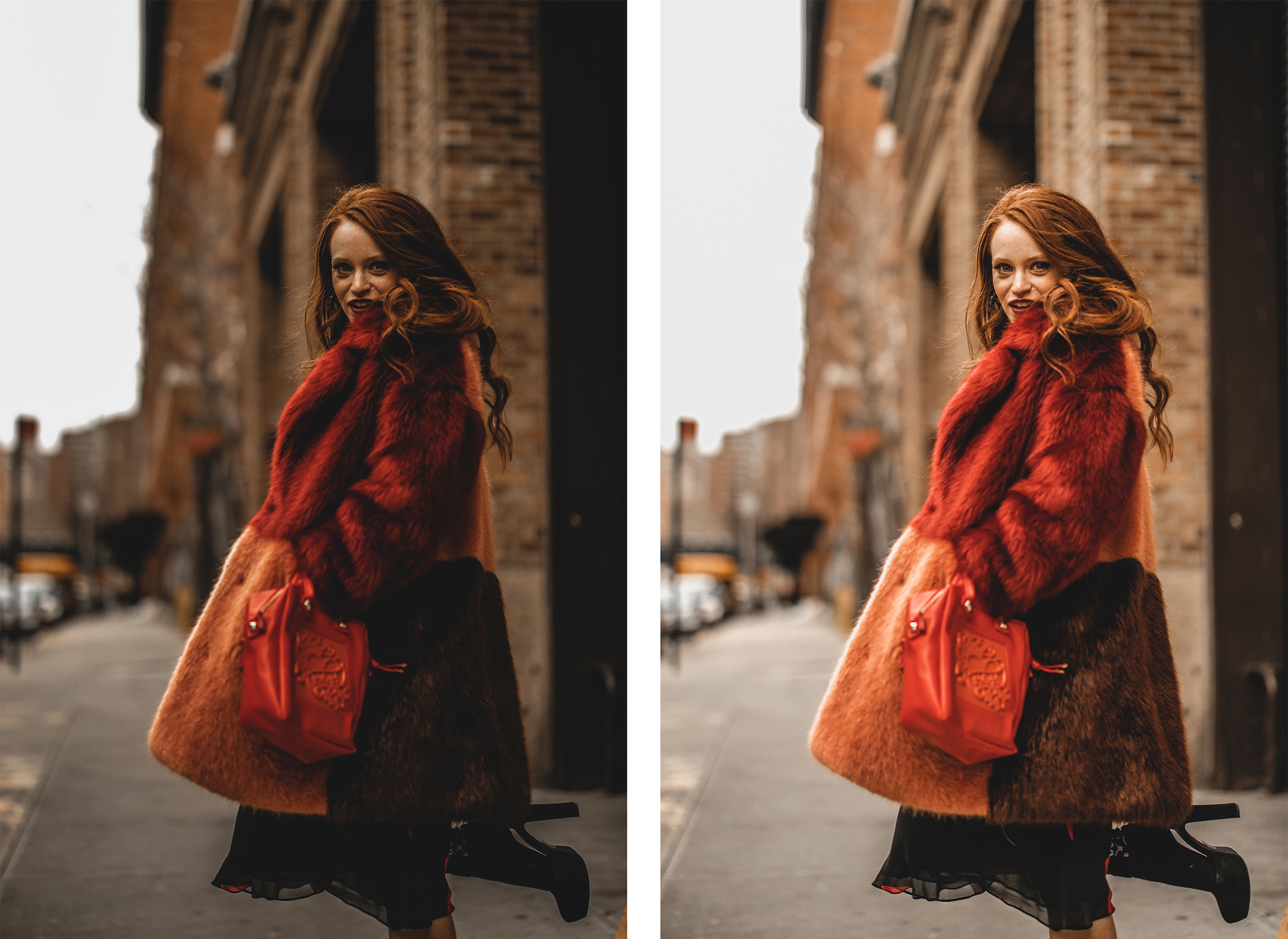 side by side light and shadow comparison of red-haired model in bright red fur coat turning to look at the camera with one heel in the air