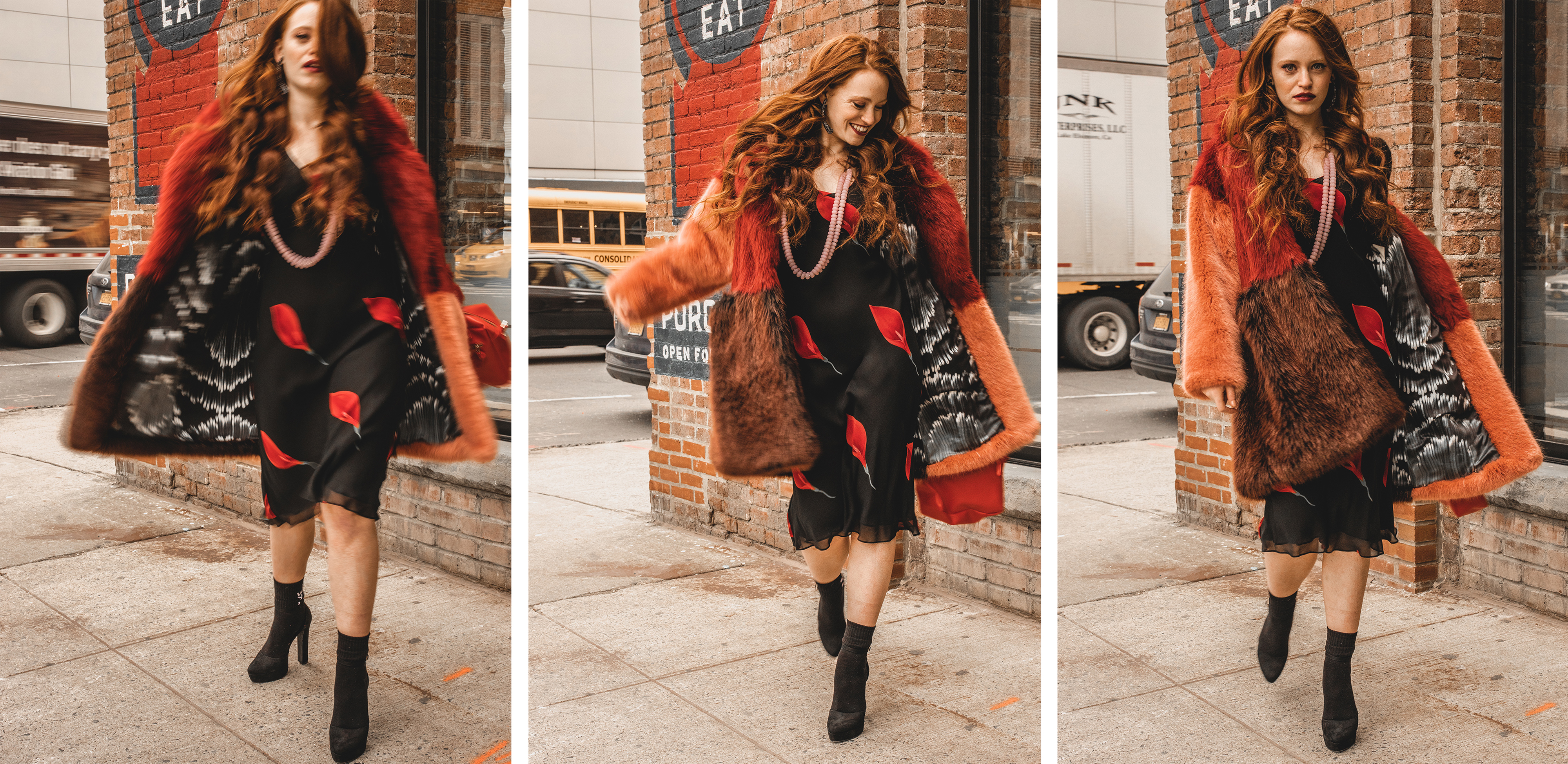three side by side portraits of red haired model walking toward the camera