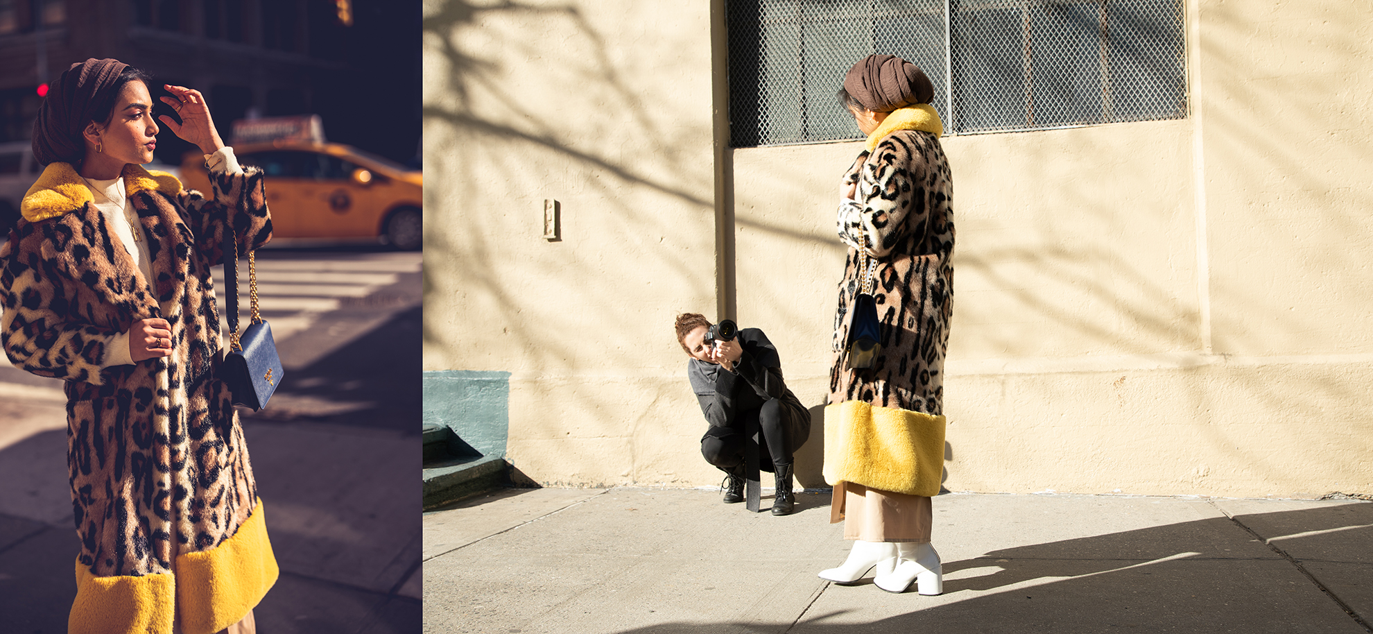 side by side image of action shot of photographer and subject on the right and the resulting photo on the left of a model wrapped in a feaux leopard print jacket with a matching blue and gold handbag holding her hand up to block the sun