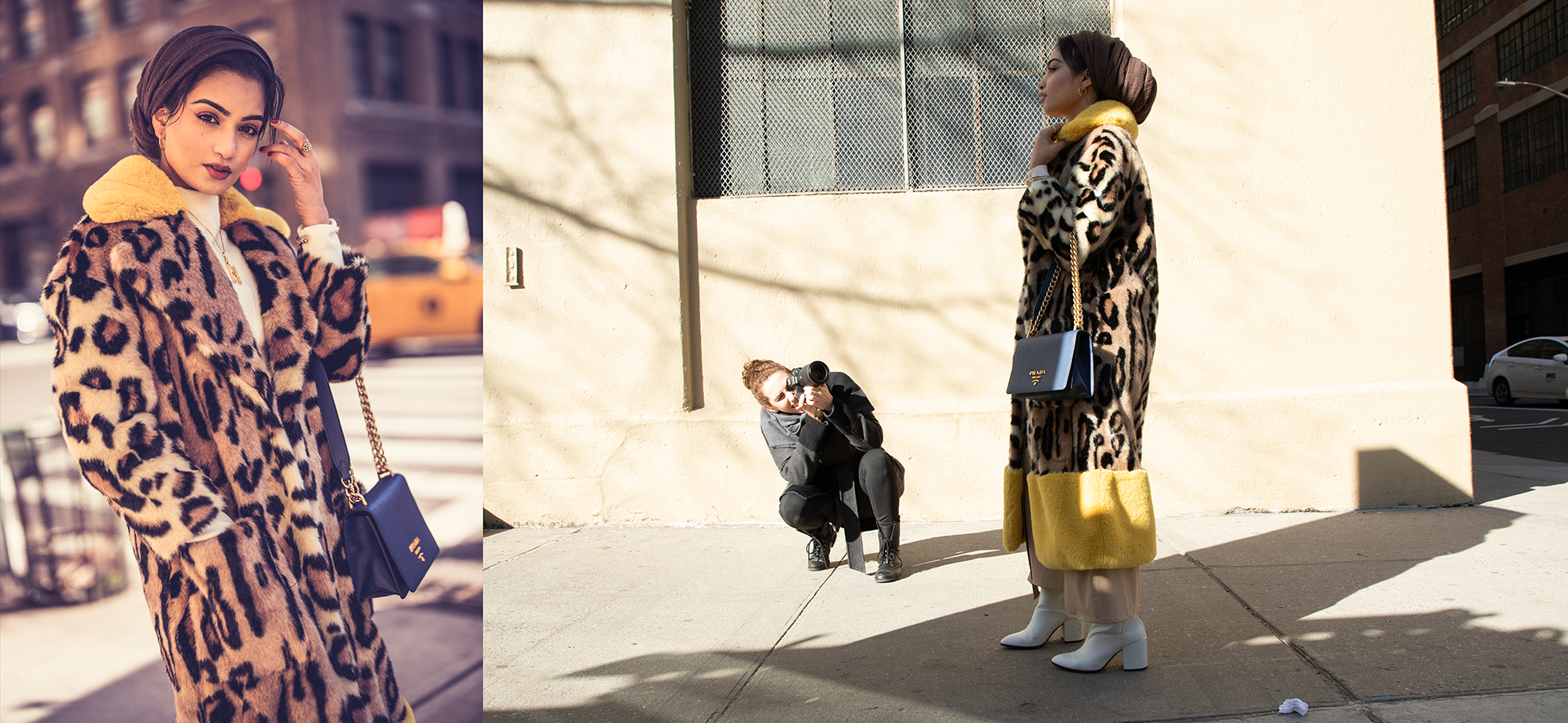 side by side image of action shot of photographer and subject on the right and the resulting photo on the left of a model wrapped in a feaux leopard print jacket with a matching blue and gold handbag with soft light surrounding her