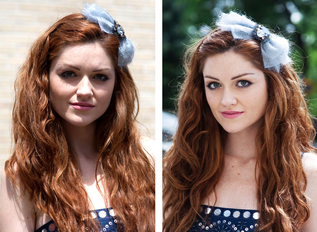 Side by side photos of the same red-haired model - on the left the lighting demonstrates the skulling effect of darkening eyes and on the right the model has a softer light on her face and her features can be seen clearly