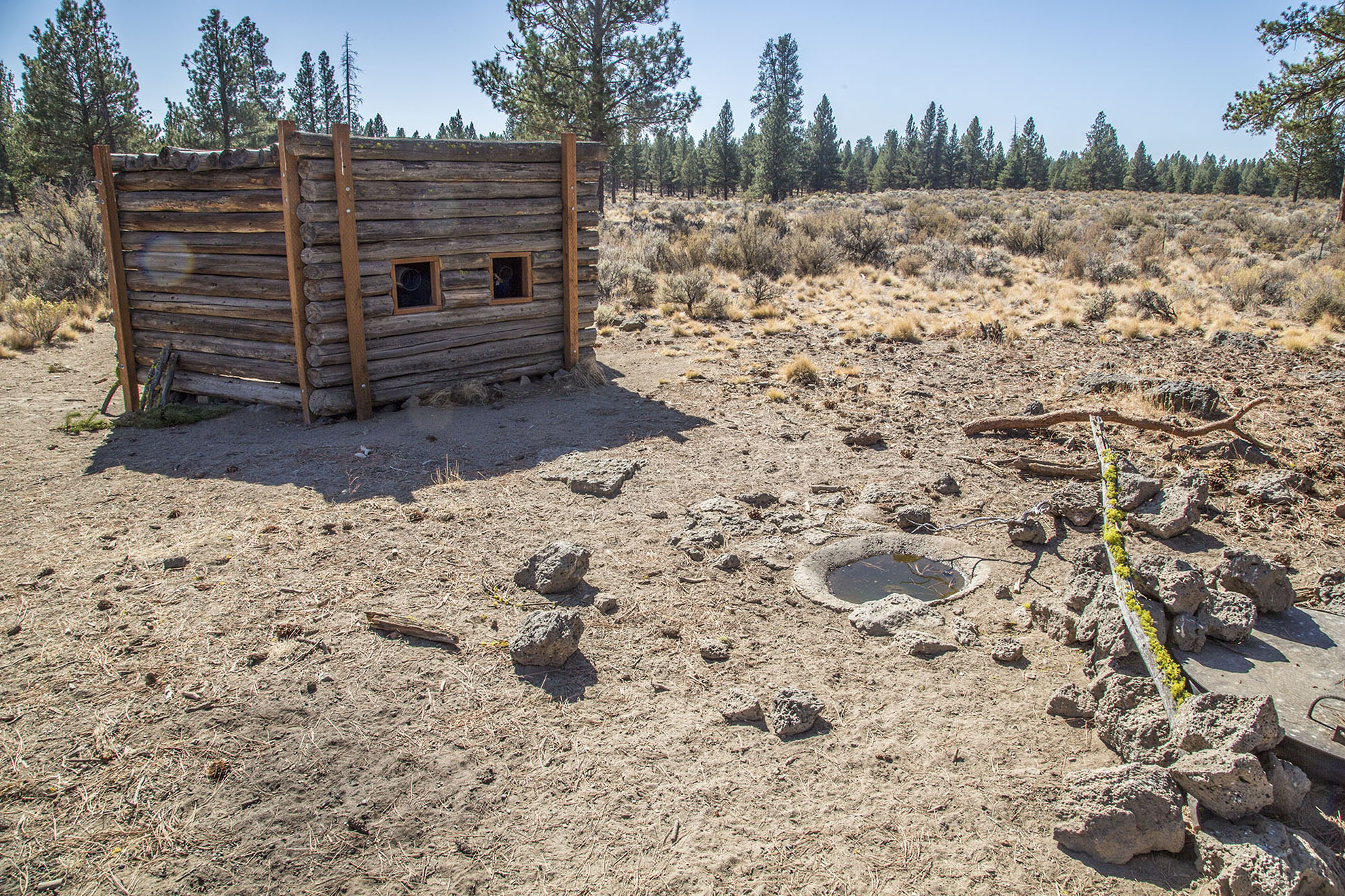 Image of a permanent blind on U.S. Forest Service property in dry eastern Oregon