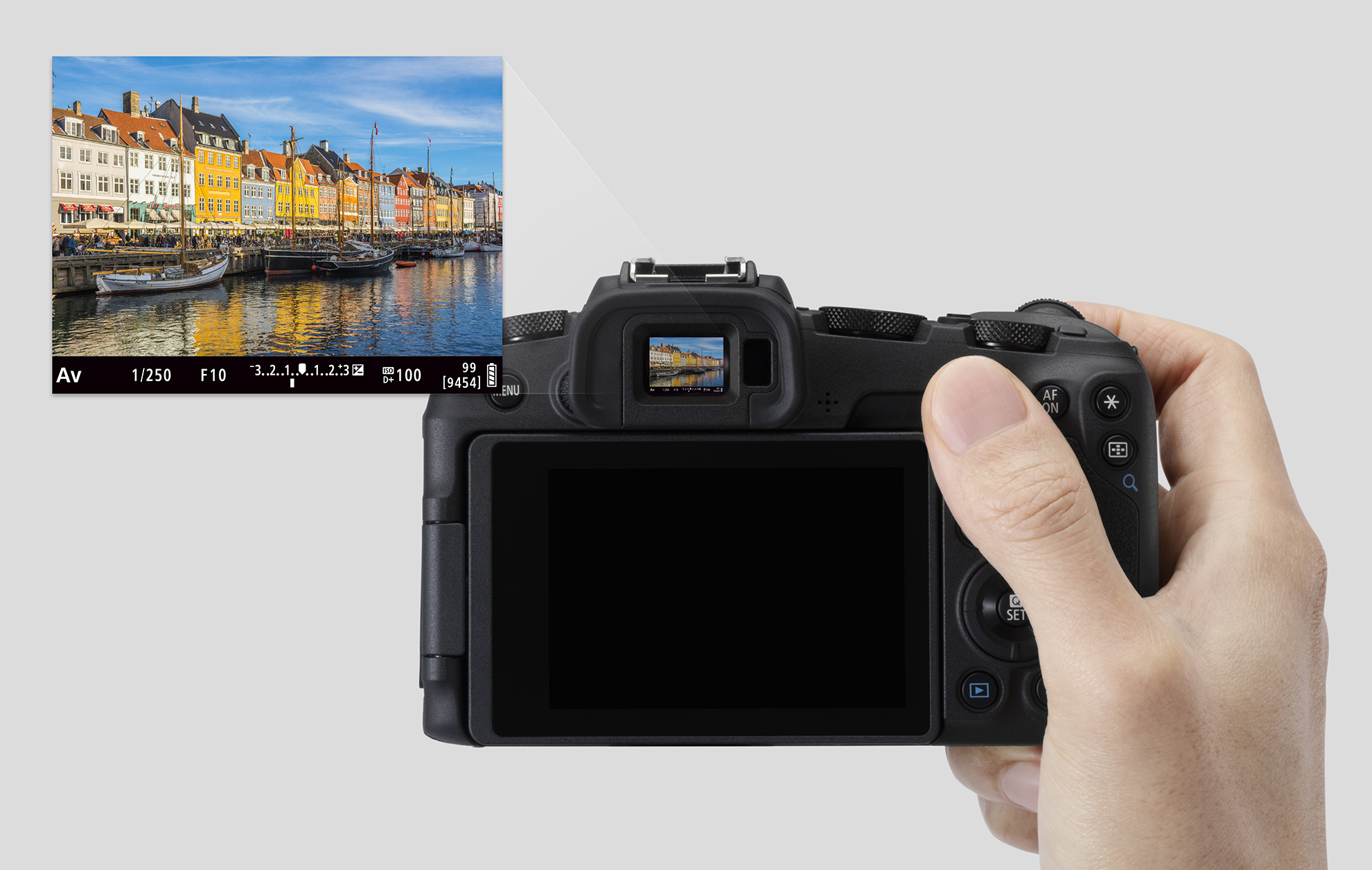 Canon EOS RP Full-frame Mirrorless Camera product image showing viewfinder view