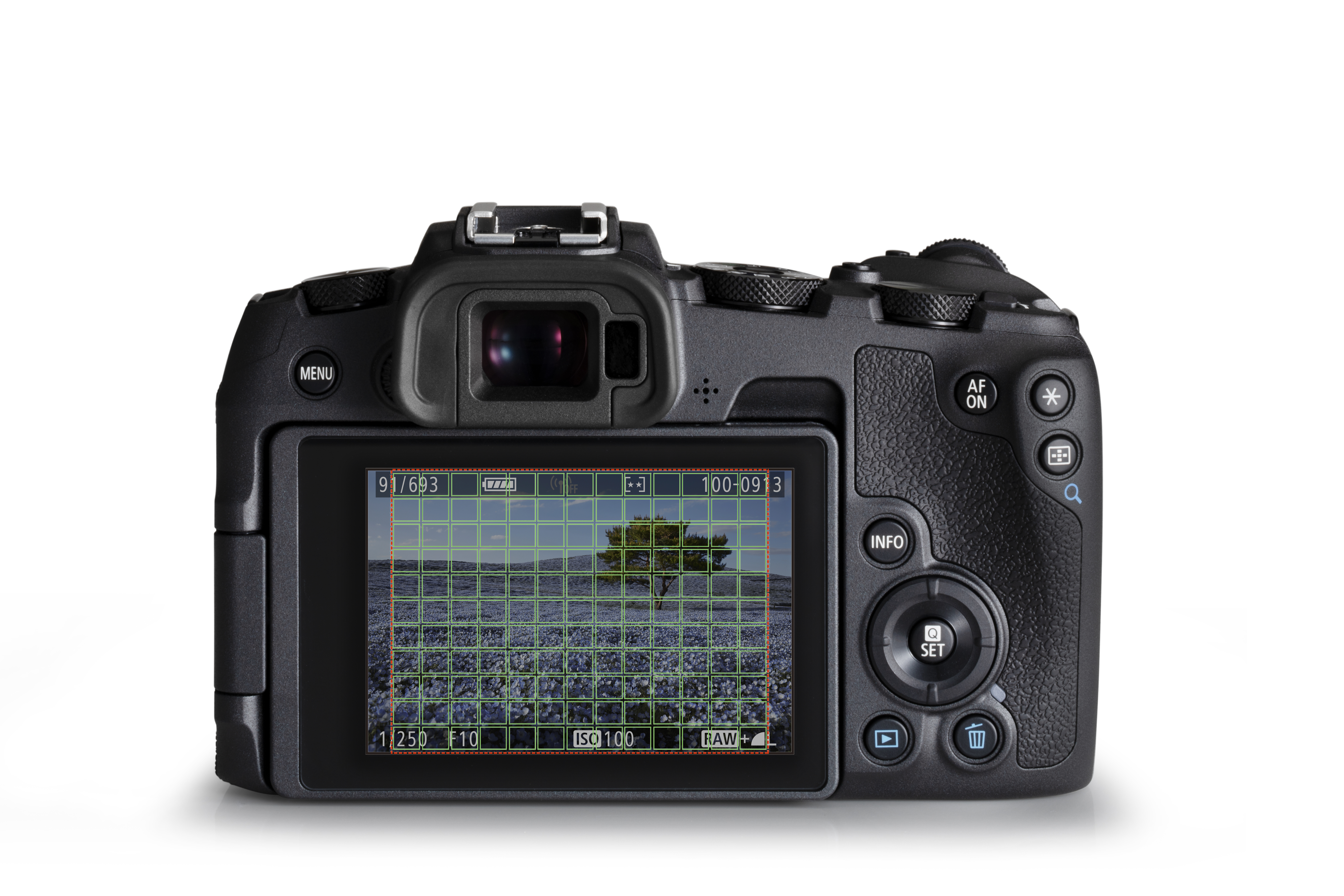 Canon EOS RP Full-frame Mirrorless Camera product image showing menu screen with grid