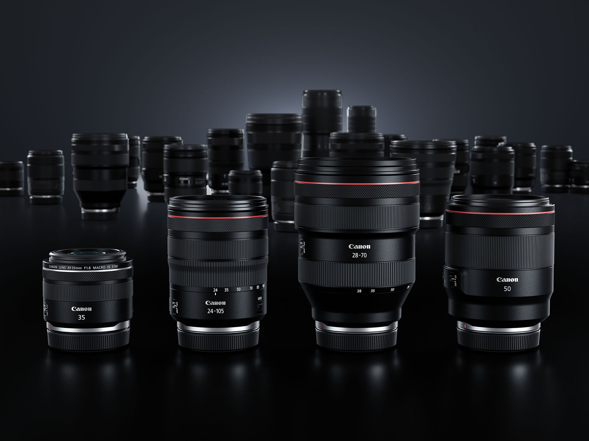 Canon 35mm, 24-105mm, 28-70mm and 50mm lens products lined up in product image