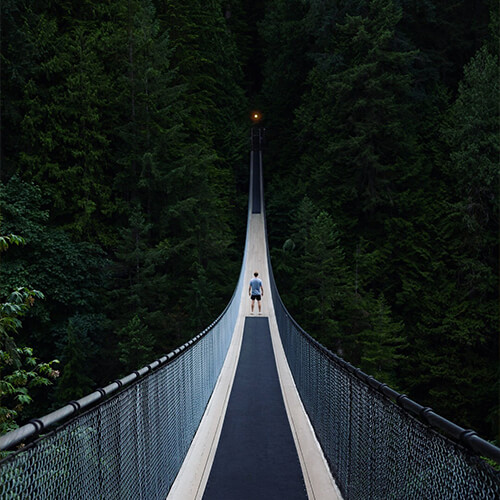 Image of a person standing on a bridge leading into the NOrthern Vacouver boreal forest, captured by sam.eckholm